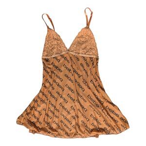 Vtg Y2K Bebe Mesh Logo Print Camisole Top Lace Trim Nude Peach Tan Orange S
